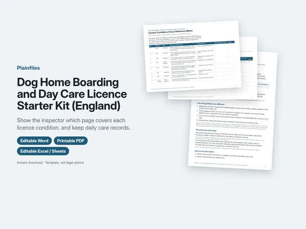 Dog Home Boarding and Day Care Licence Starter Kit product image showing the conditions matrix pages