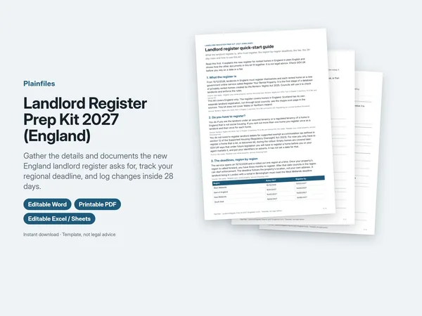 Cover of the Landlord Register Prep Kit 2027 (England) with a sample page of the quick-start guide
