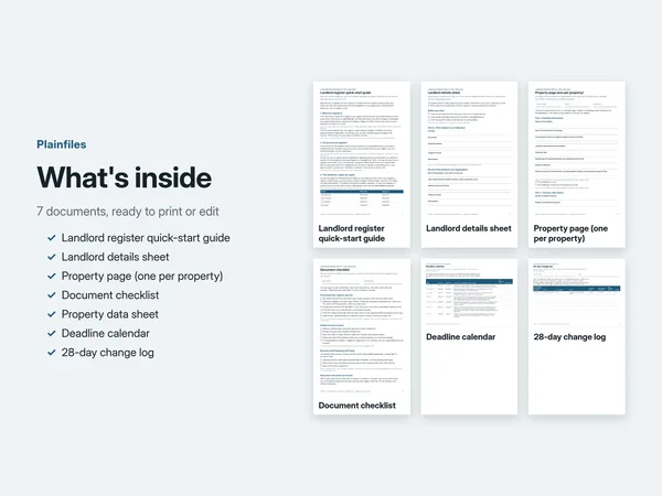 What is inside: quick-start guide, landlord details sheet, property page, document checklist, property data sheet, deadline calendar and 28-day change log
