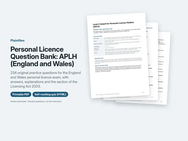 Cover pages of the APLH question bank for England and Wales, with the exam summary and instructions