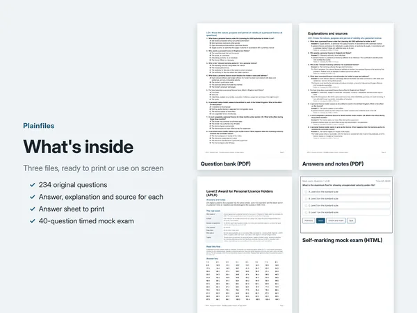 What is inside: the question bank PDF, the answers and notes PDF with the answer key, and the self-marking mock exam