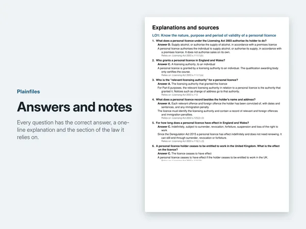 A page of the answers and notes PDF showing the answer, a one-line explanation and the Licensing Act 2003 section for each question