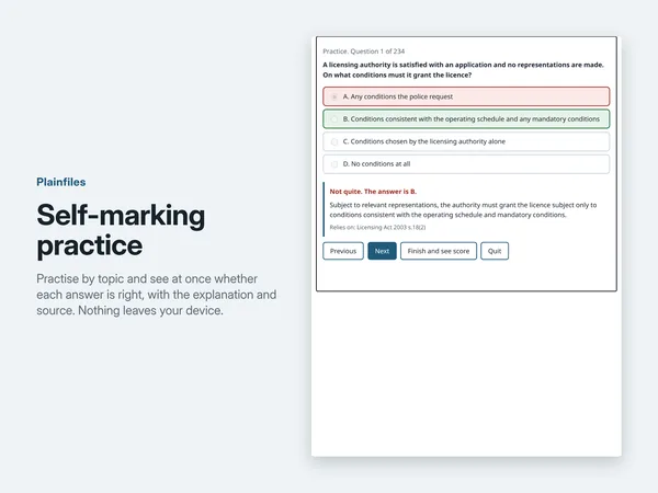 The self-marking quiz showing a practice question with the correct answer, the explanation and the section it relies on