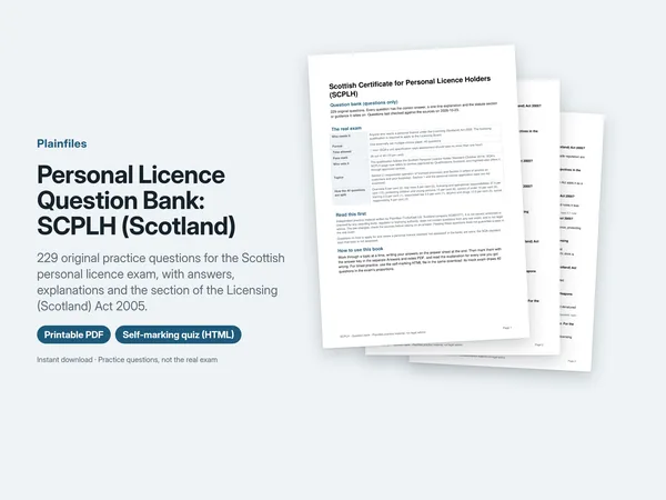 Cover pages of the SCPLH question bank for Scotland, with the exam summary and instructions