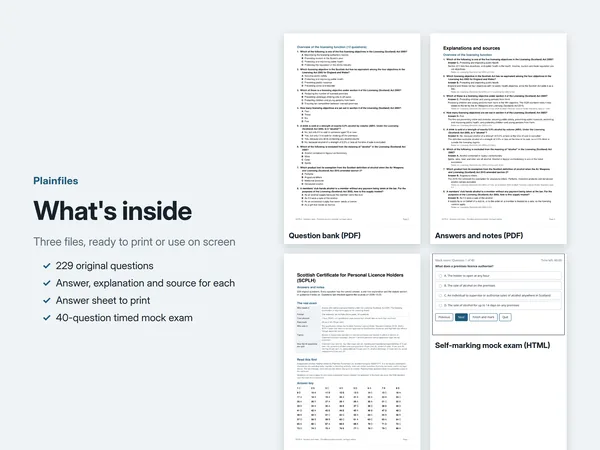 What is inside: the question bank PDF, the answers and notes PDF with the answer key, and the self-marking mock exam