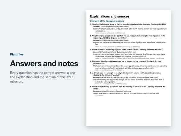 A page of the answers and notes PDF showing the answer, a one-line explanation and the Licensing (Scotland) Act 2005 section for each question