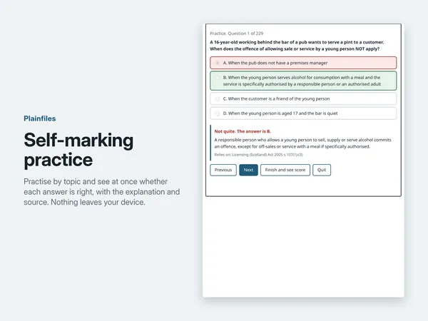 The self-marking quiz showing a practice question with the correct answer, the explanation and the section it relies on