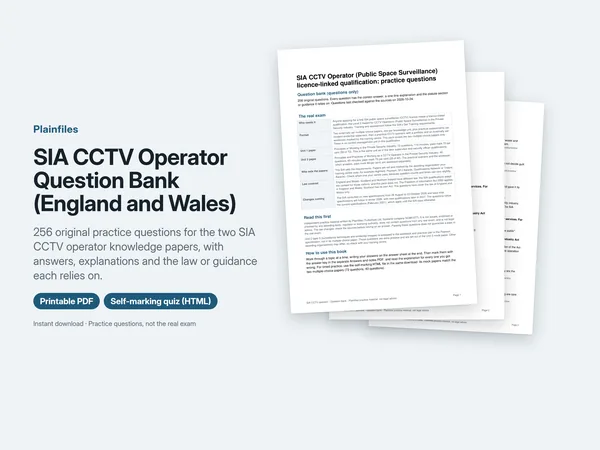 Cover pages of the SIA CCTV operator question bank, with the summary of the two unit papers