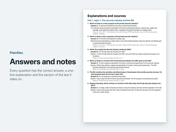 A page of the answers and notes PDF showing the answer, a one-line explanation and the source for each question
