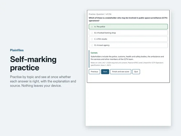 The self-marking quiz showing a practice question with the correct answer, the explanation and the source it relies on