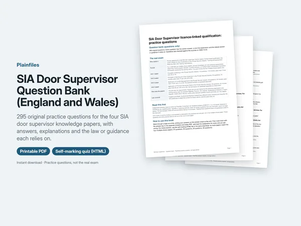 Cover pages of the SIA door supervisor question bank, with the summary of the four unit papers