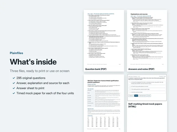 What is inside: the question bank PDF, the answers and notes PDF with the answer key, and the self-marking mock papers