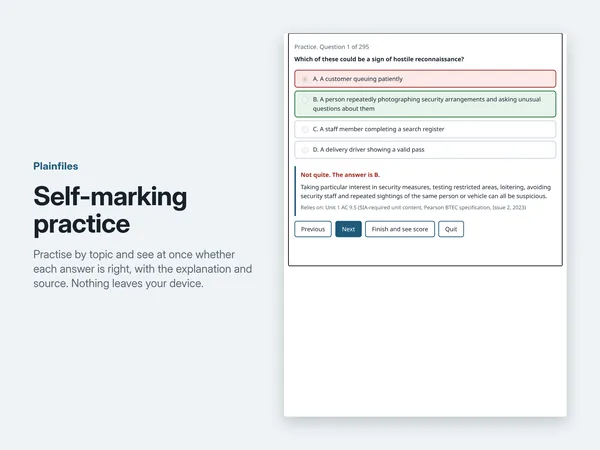 The self-marking quiz showing a practice question with the correct answer, the explanation and the source it relies on