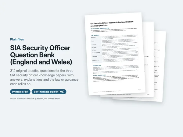 Cover pages of the SIA security officer question bank, with the summary of the three unit papers