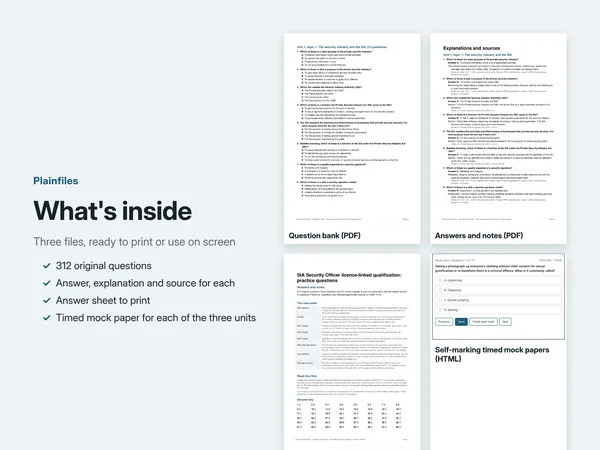 What is inside: the question bank PDF, the answers and notes PDF with the answer key, and the self-marking mock papers