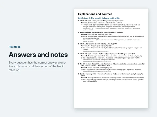 A page of the answers and notes PDF showing the answer, a one-line explanation and the source for each question