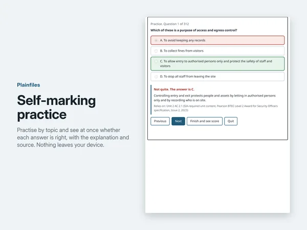 The self-marking quiz showing a practice question with the correct answer, the explanation and the source it relies on