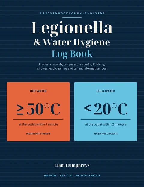 Front cover of the Legionella and Water Hygiene Log Book for UK Landlords: navy cover with hot and cold water temperature targets